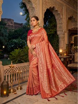 Fashion Petals - Peach Banarasi Silk Woven Tassels Saree with Unstitched Blouse