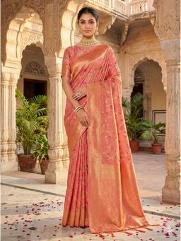 Fashion Petals - Banarasi Silk Peach Woven Work Tassels Saree with Unstitched Blouse