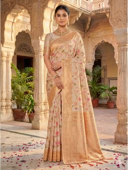 Fashion Petals - Cream Banarasi Silk Woven Work Tassels Saree with Unstitched Blouse