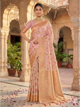 Fashion Petals - Pink Banarasi Silk Woven Work Tassels Saree with Unstitched Blouse