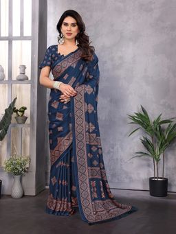 FABMORA - Women Blue Chiffon Printed Saree With Unstitched Blouse