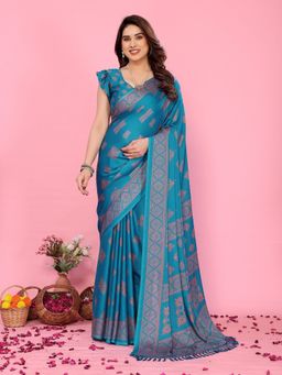 FABMORA - Women Blue Chiffon Printed Saree With Unstitched Blouse