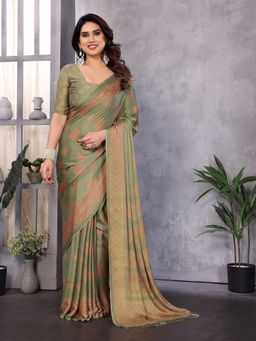 FABMORA - Women Green Chiffon Printed Saree With Unstitched Blouse