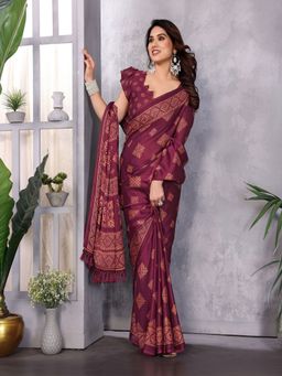 FABMORA - Women Wine Chiffon Printed Saree With Unstitched Blouse
