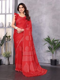 FABMORA - Women Red Chiffon Printed Saree With Unstitched Blouse