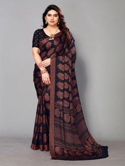 FABMORA - Women Black Chiffon Printed Saree with Unstitched Blouse