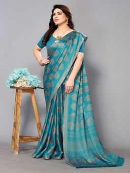 FABMORA - Women Blue Chiffon Printed Saree with Unstitched Blouse