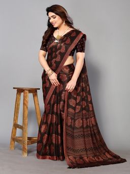 FABMORA - Women Brown Chiffon Printed Saree with Unstitched Blouse