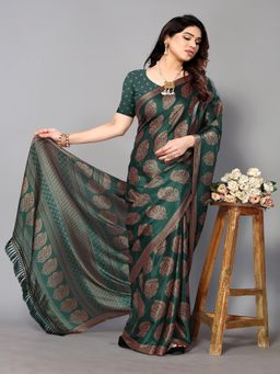 FABMORA - Women Green Chiffon Printed Saree with Unstitched Blouse