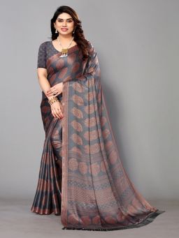 FABMORA - Women Grey Chiffon Printed Saree with Unstitched Blouse
