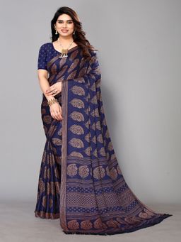 FABMORA - Women Blue Chiffon Printed Saree with Unstitched Blouse