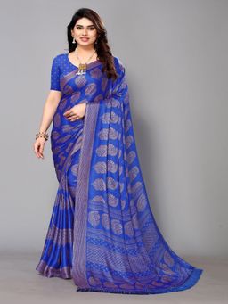 FABMORA - Women Blue Chiffon Printed Saree with Unstitched Blouse