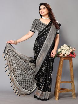 FABMORA - Women Black Chiffon Printed Saree with Unstitched Blouse