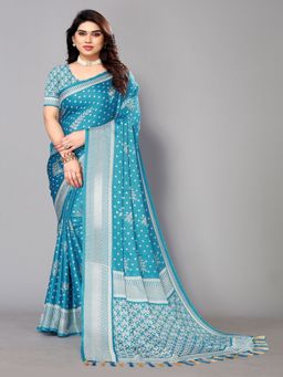 FABMORA - Women Blue Chiffon Printed Saree with Unstitched Blouse