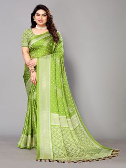 FABMORA - Women Green Chiffon Printed Saree with Unstitched Blouse