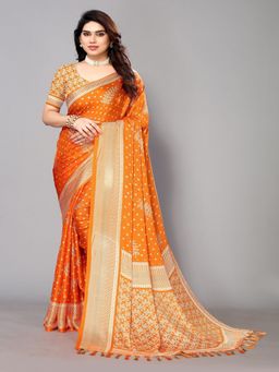 FABMORA - Women Orange Chiffon Printed Saree with Unstitched Blouse
