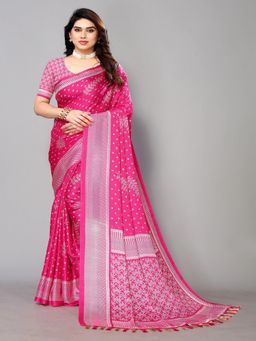 FABMORA - Women Pink Chiffon Printed Saree with Unstitched Blouse