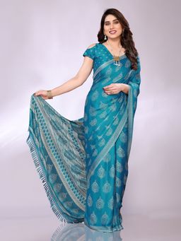 FABMORA - Women Blue Chiffon Printed Saree with Unstitched Blouse
