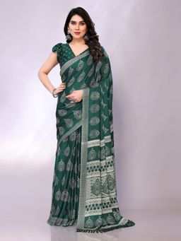FABMORA - Women Green Chiffon Printed Saree with Unstitched Blouse