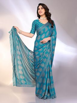 FABMORA - Women Blue Chiffon Printed Saree with Unstitched Blouse