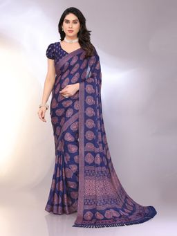 FABMORA - Women Blue Chiffon Printed Saree with Unstitched Blouse
