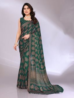 FABMORA - Women Green Chiffon Printed Saree with Unstitched Blouse
