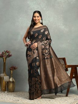 MEENA BAZAAR - Woven Art Silk Black Saree without Blouse