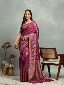 MEENA BAZAAR - Embroidered Art Silk Lavender Saree without Blouse