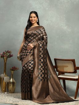 MEENA BAZAAR - Woven Art Silk Black Saree without Blouse