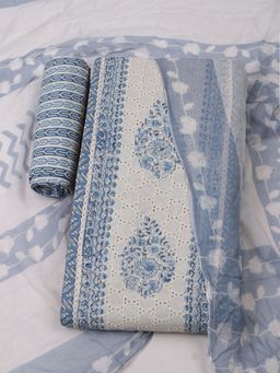 MEENA BAZAAR - Blue Floral Cotton Unstitched Kurta with Unstitched Pant and Dupatta
