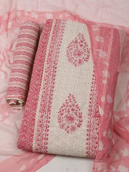 MEENA BAZAAR - Floral Cotton Pink Unstitched Kurta with Unstitched Pant and Dupatta
