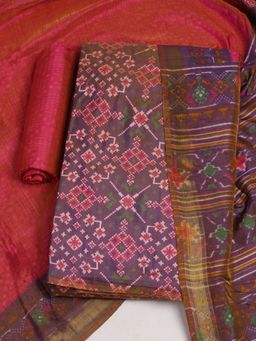 MEENA BAZAAR - Purple Printed Art Silk Unstitched Kurta with Unstitched Pant and Dupatta