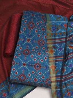 MEENA BAZAAR - Women Printed Art Silk Blue Unstitched Kurta with Unstitched Pant and Dupatta