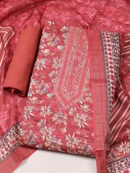 MEENA BAZAAR - Floral Art Silk Peach Unstitched Kurta with Unstitched Pant and Dupatta