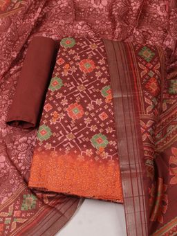 MEENA BAZAAR - Printed Art Silk Rust Unstitched Kurta with Unstitched Pant and Dupatta