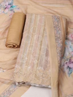 MEENA BAZAAR - Embroidered Chanderi Beige Unstitched Kurta with Unstitched Pant and Dupatta