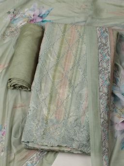 MEENA BAZAAR - Embroidered Chanderi Green Unstitched Kurta with Unstitched Pant and Dupatta