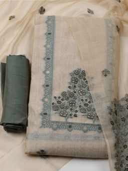 MEENA BAZAAR - Women Chanderi Green Embroidered Unstitched Kurta with Unstitched Pant and Dupatta