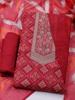 MEENA BAZAAR - Chanderi Red Embroidered Unstitched Kurta with Unstitched Pant and Dupatta