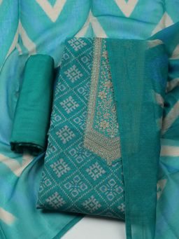 MEENA BAZAAR - Blue Chanderi Embroidered Unstitched Kurta with Unstitched Pant and Dupatta