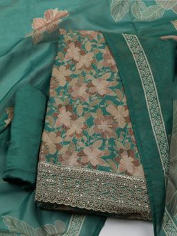 MEENA BAZAAR - Tissue Green Floral Unstitched Kurta with Unstitched Pant and Dupatta