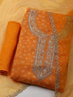 MEENA BAZAAR - Organza Orange Embroidered Unstitched Kurta with Unstitched Pant and Dupatta