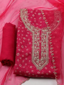 MEENA BAZAAR - Organza Pink Embroidered Unstitched Kurta with Unstitched Pant and Dupatta