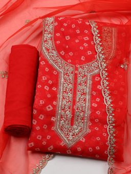 MEENA BAZAAR - Organza Red Embroidered Unstitched Kurta with Unstitched Pant and Dupatta