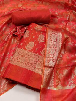 MEENA BAZAAR - Chanderi Orange Zari Woven Unstitched Kurta with Unstitched Pant and Dupatta