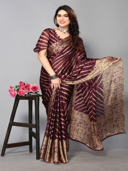 FABMORA - Women Brown Chiffon Printed Saree with Unstitched Blouse