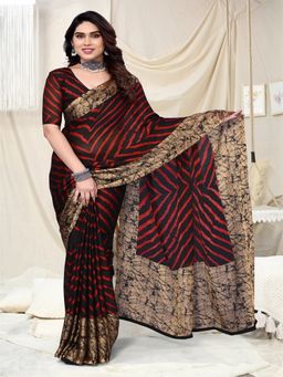 FABMORA - Women Black Chiffon Printed Saree with Unstitched Blouse