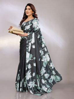 FABMORA - Women Black Satin Floral Printed Saree with Unstitched Blouse