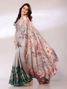 FABMORA - Women Multi-Color Satin Floral Printed Saree with Unstitched Blouse