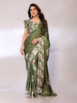 FABMORA - Women Green Satin Floral Printed Saree with Unstitched Blouse